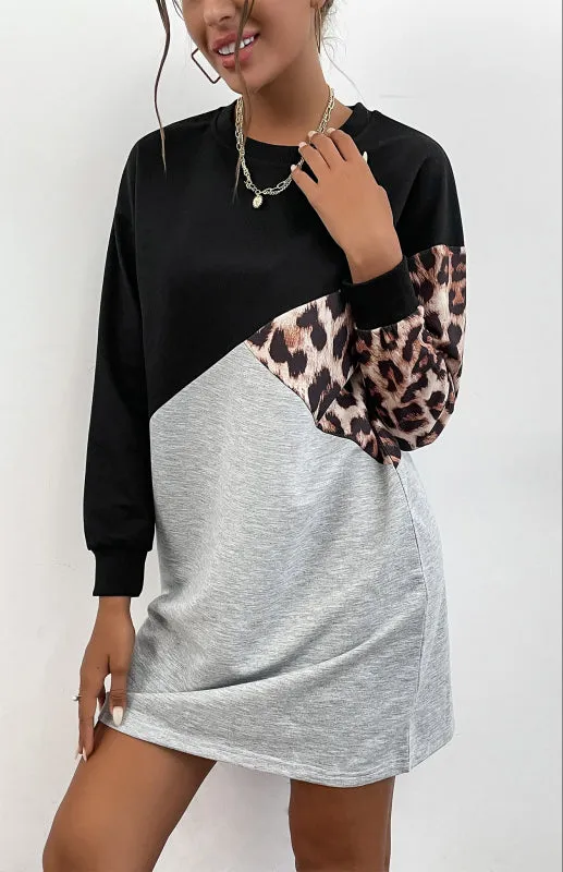 Ladies Patchwork Crew Neck Long T-Shirt Leopard Print Sweater Dress