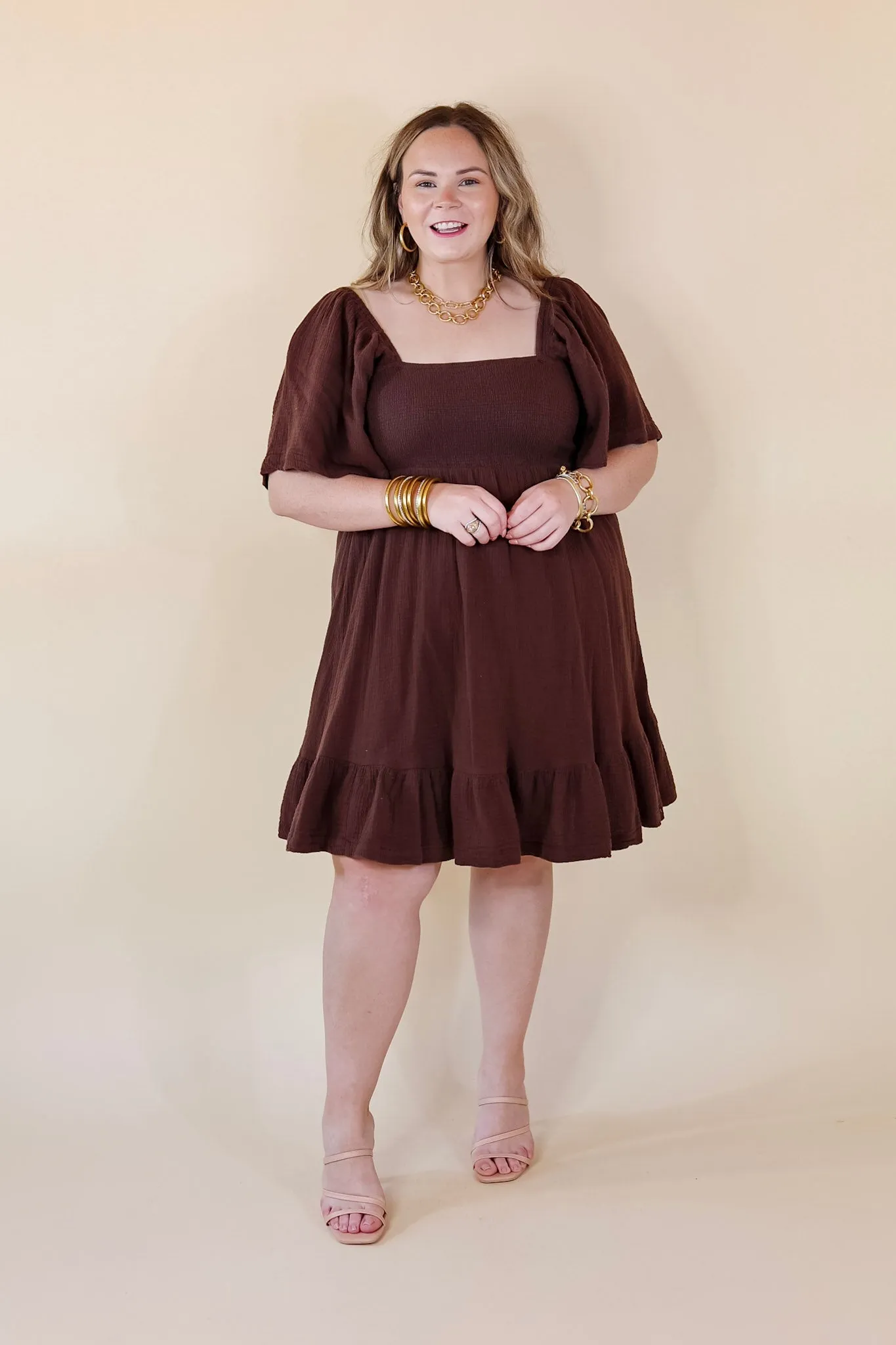 Last Chance Size Medium | Sugary Sweet Smocked Bodice Dress with Ruffle Hem in Brown