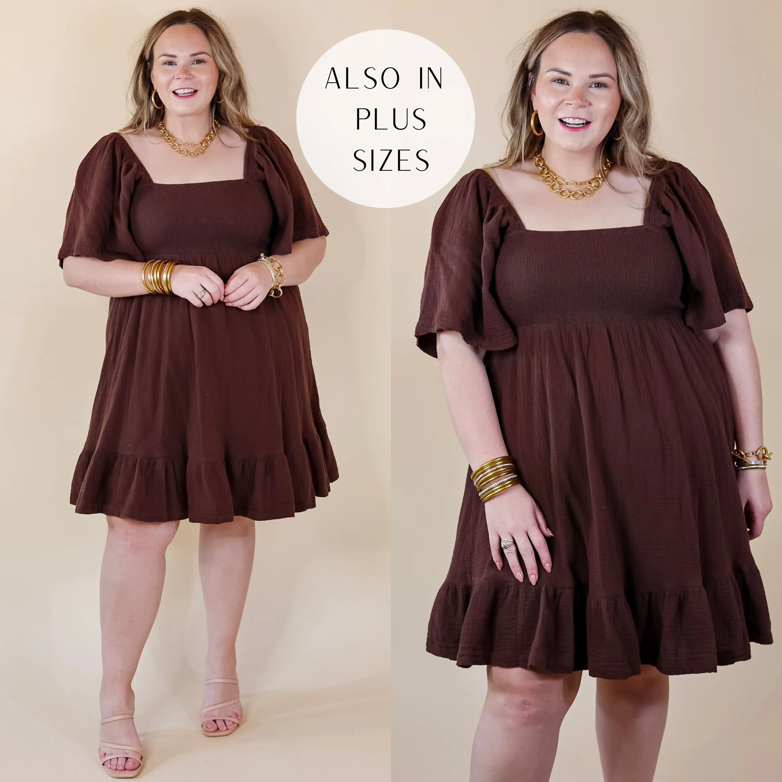 Last Chance Size Medium | Sugary Sweet Smocked Bodice Dress with Ruffle Hem in Brown