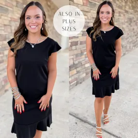 Last Chance Size Small & 3XL | Boss Shift Ruffle Cap Sleeve Dress with Ruffle Hem in Black