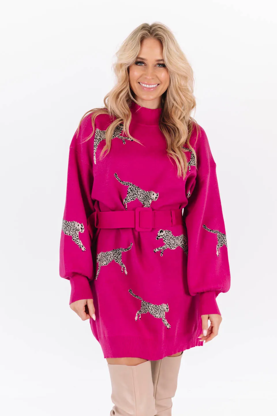 Leopard Love Sweater Dress - Hot Pink