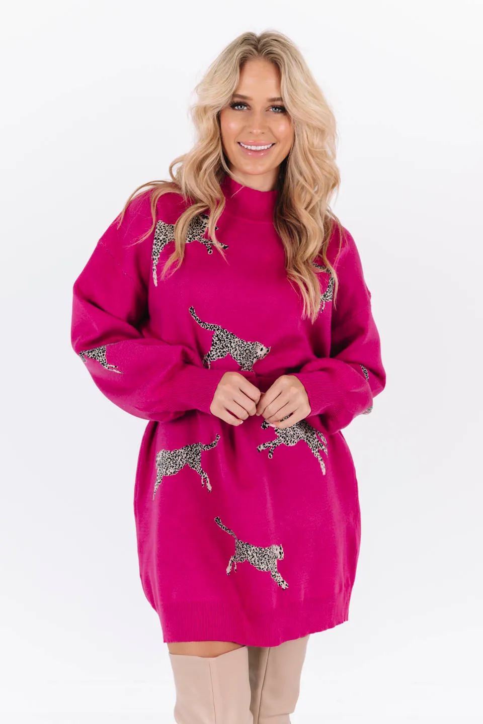 Leopard Love Sweater Dress - Hot Pink