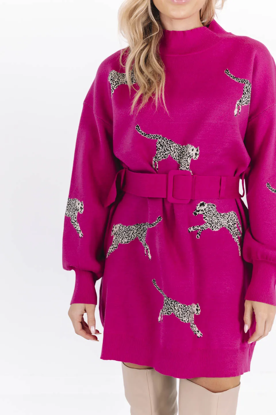 Leopard Love Sweater Dress - Hot Pink