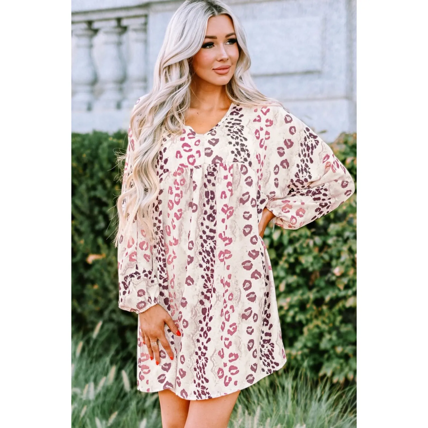 Leopard V-Neck Balloon Sleeve Babydoll Dress