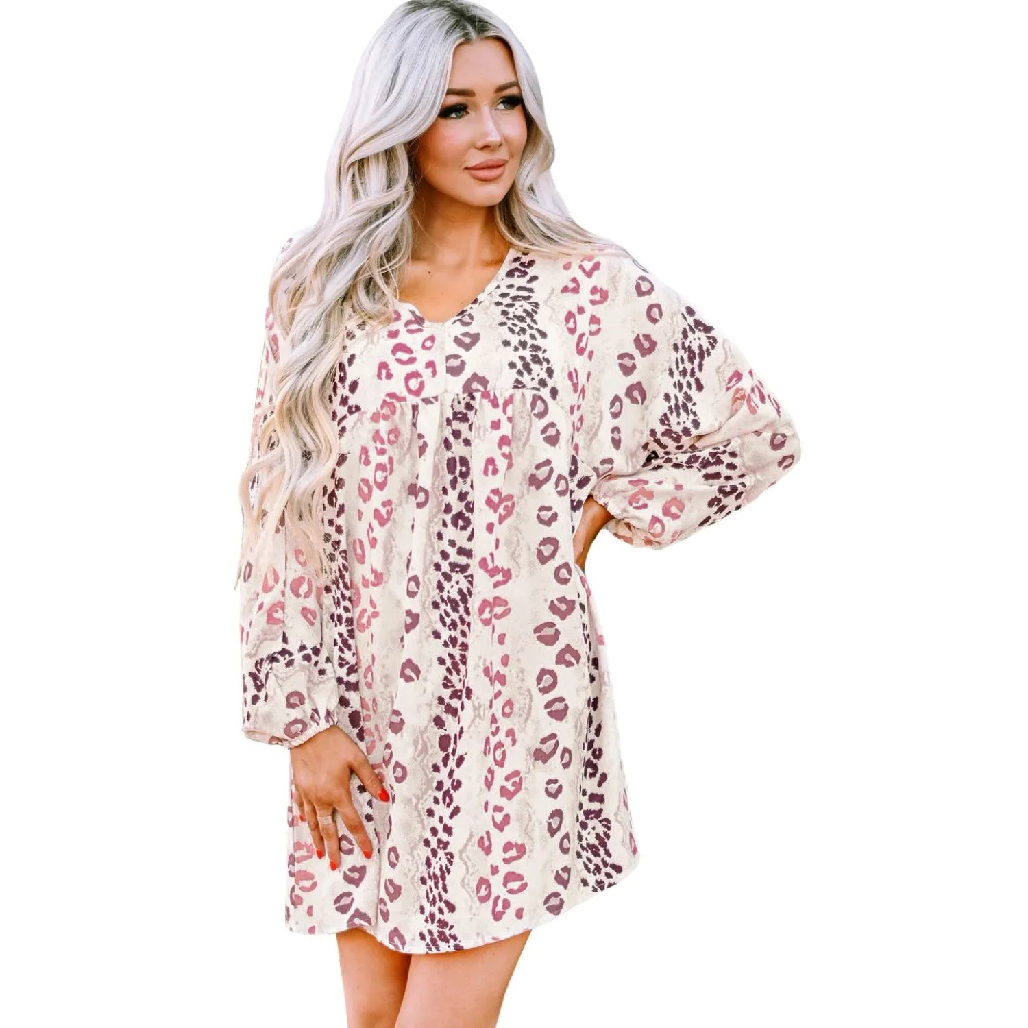 Leopard V-Neck Balloon Sleeve Babydoll Dress