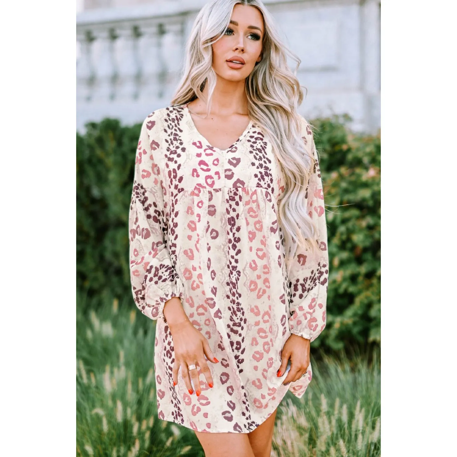 Leopard V-Neck Balloon Sleeve Babydoll Dress