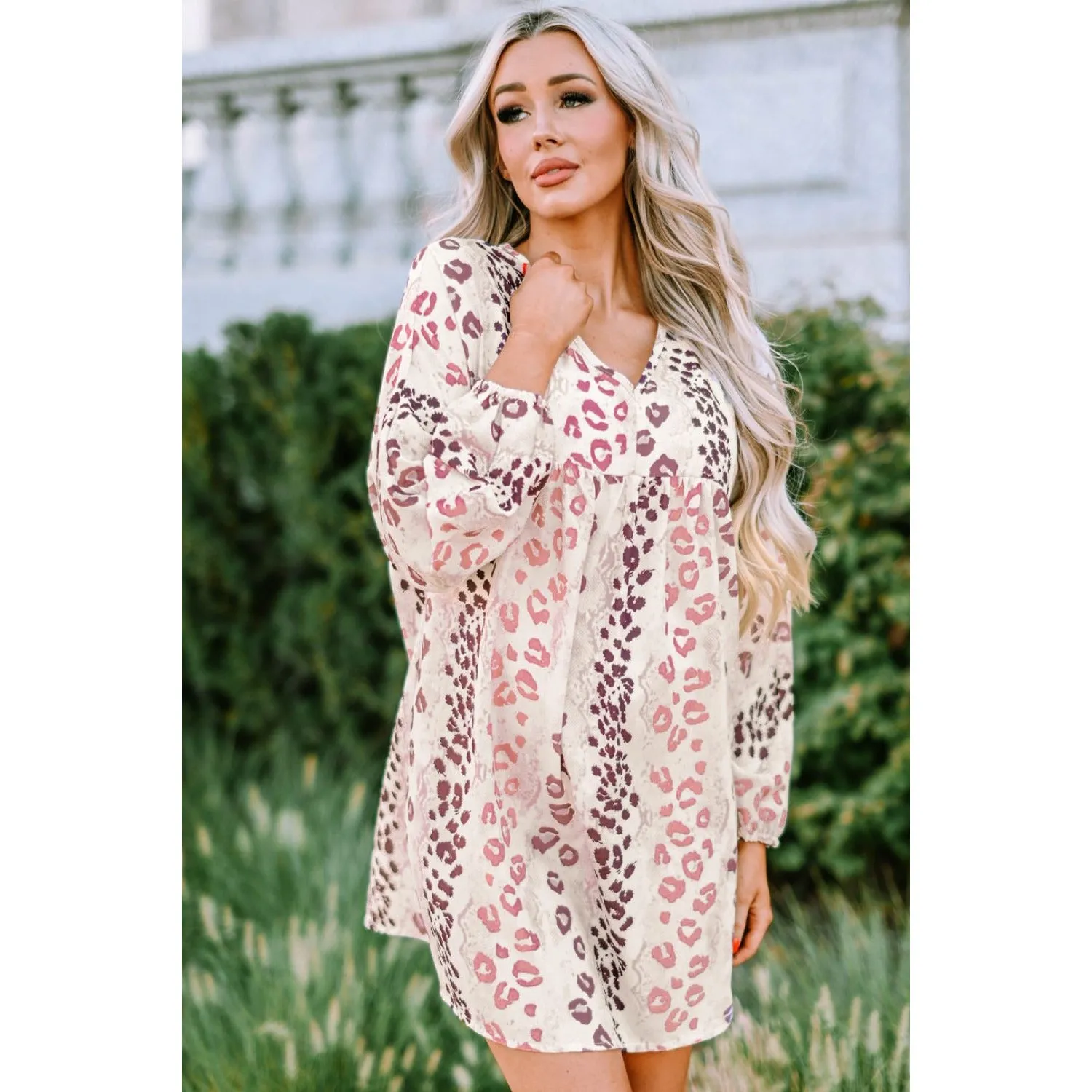 Leopard V-Neck Balloon Sleeve Babydoll Dress