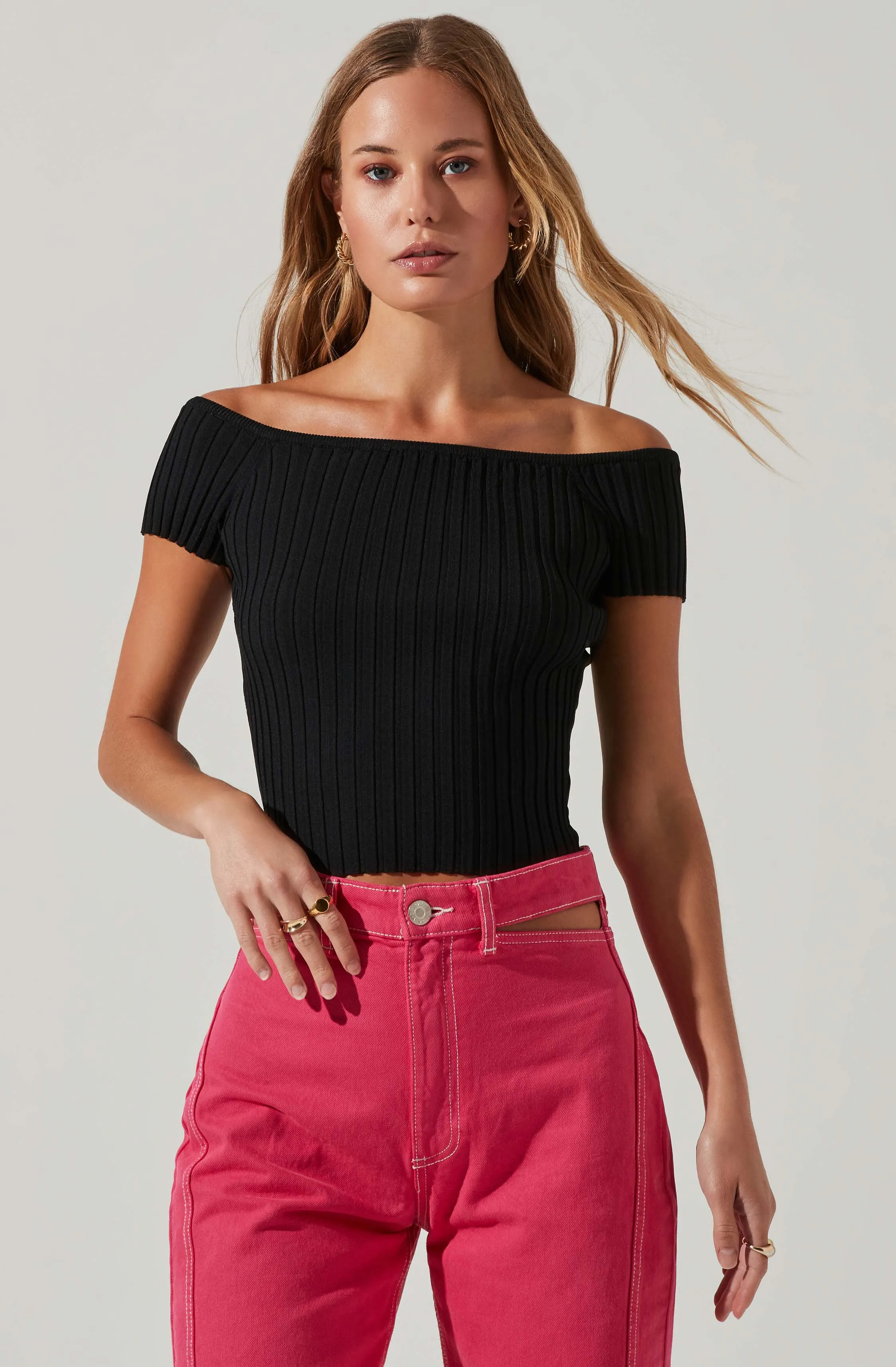 Leslie Off Shoulder Ribbed Knit Sweater