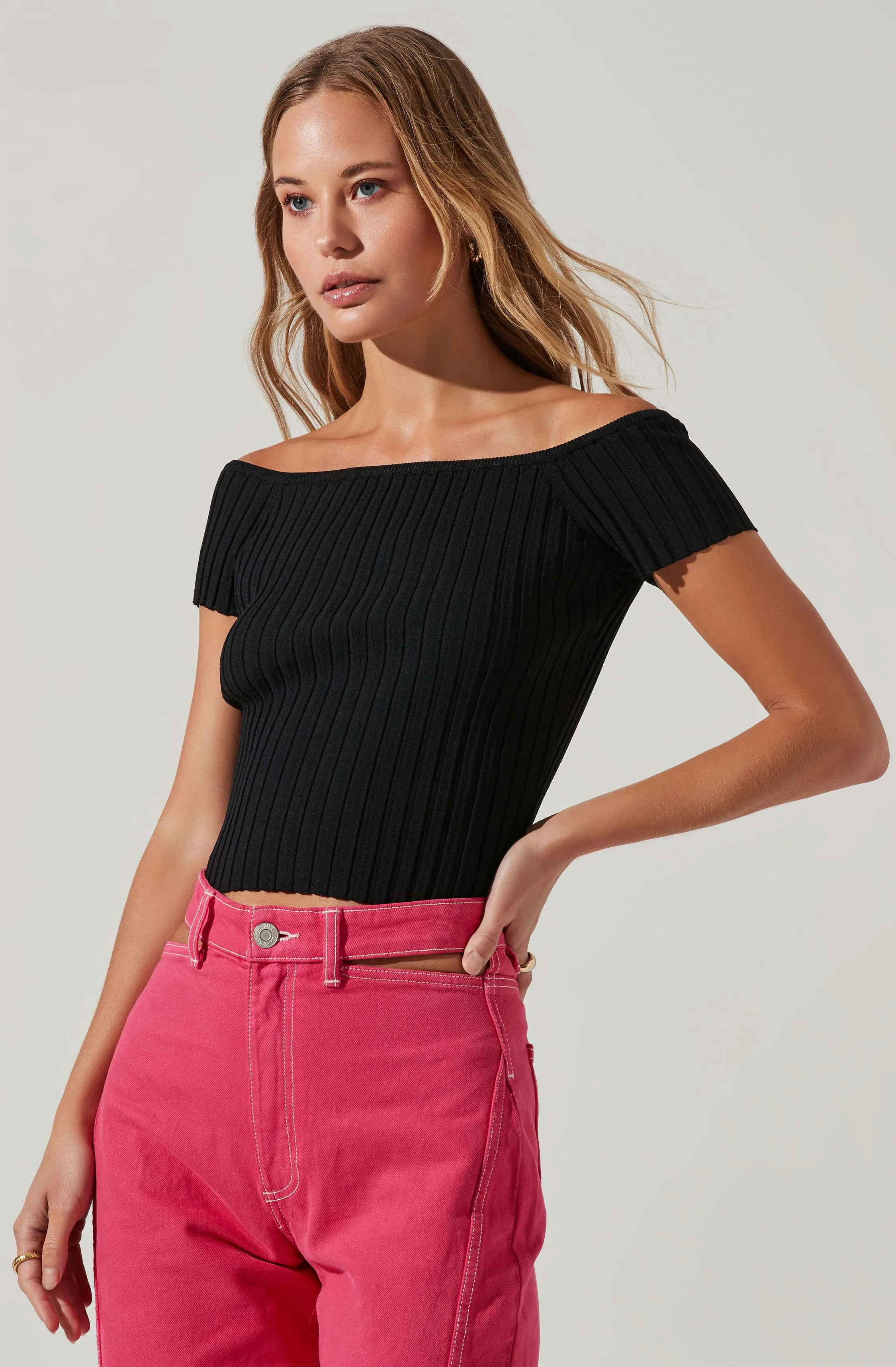 Leslie Off Shoulder Ribbed Knit Sweater