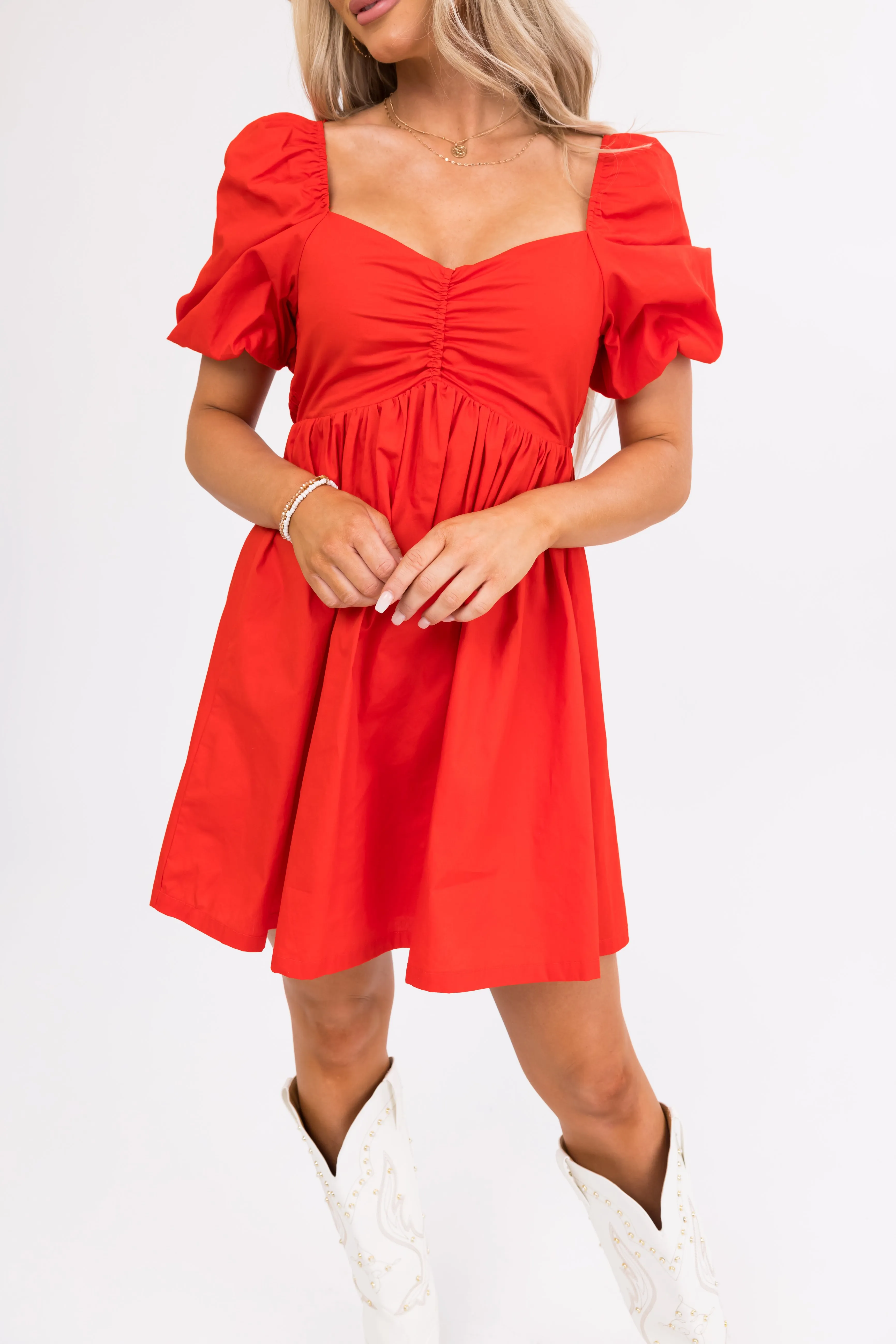 Lipstick Half Puff Sleeve Mini Dress