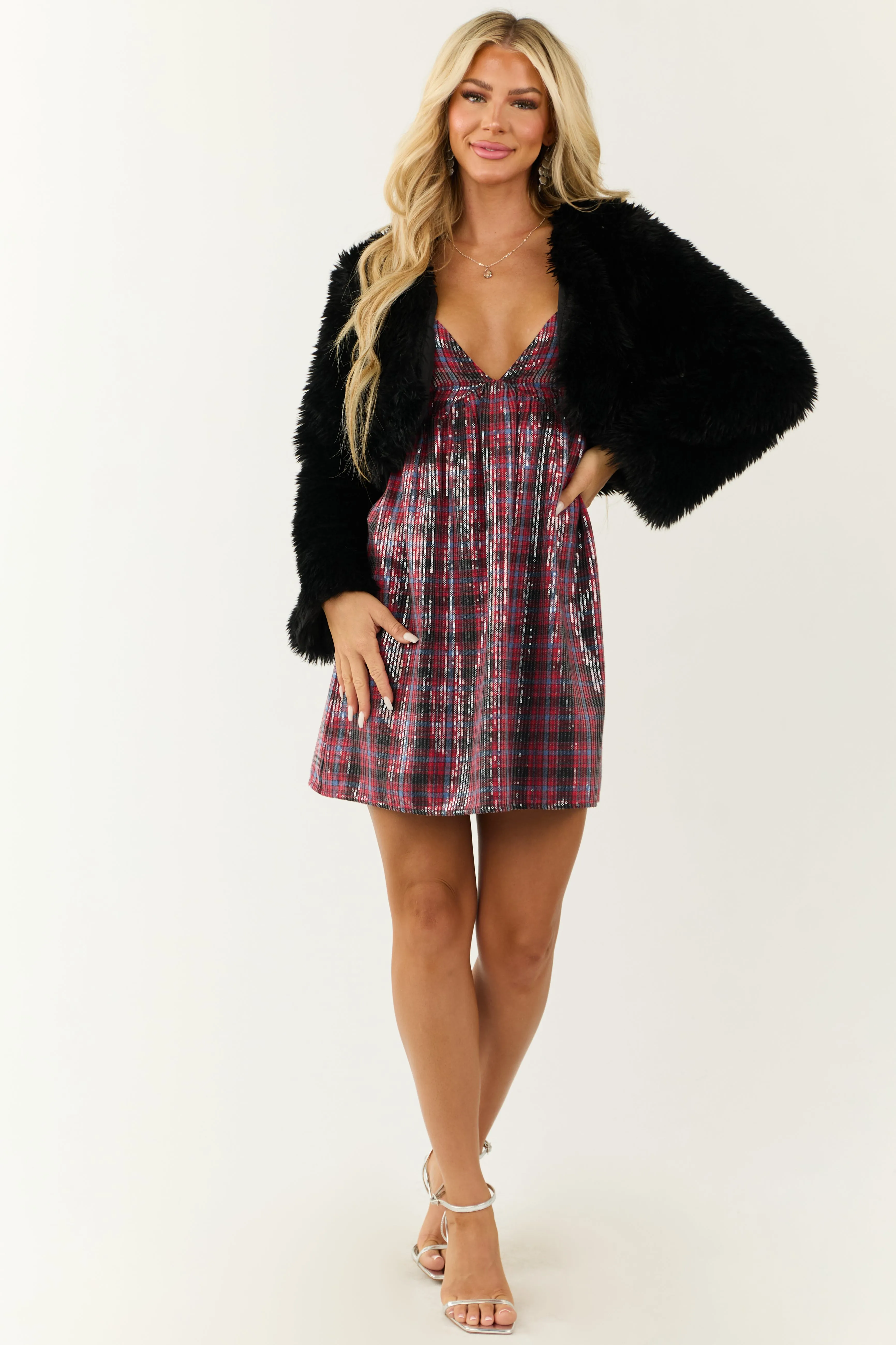 Lipstick Plaid Sequin Sleeveless Short Dress