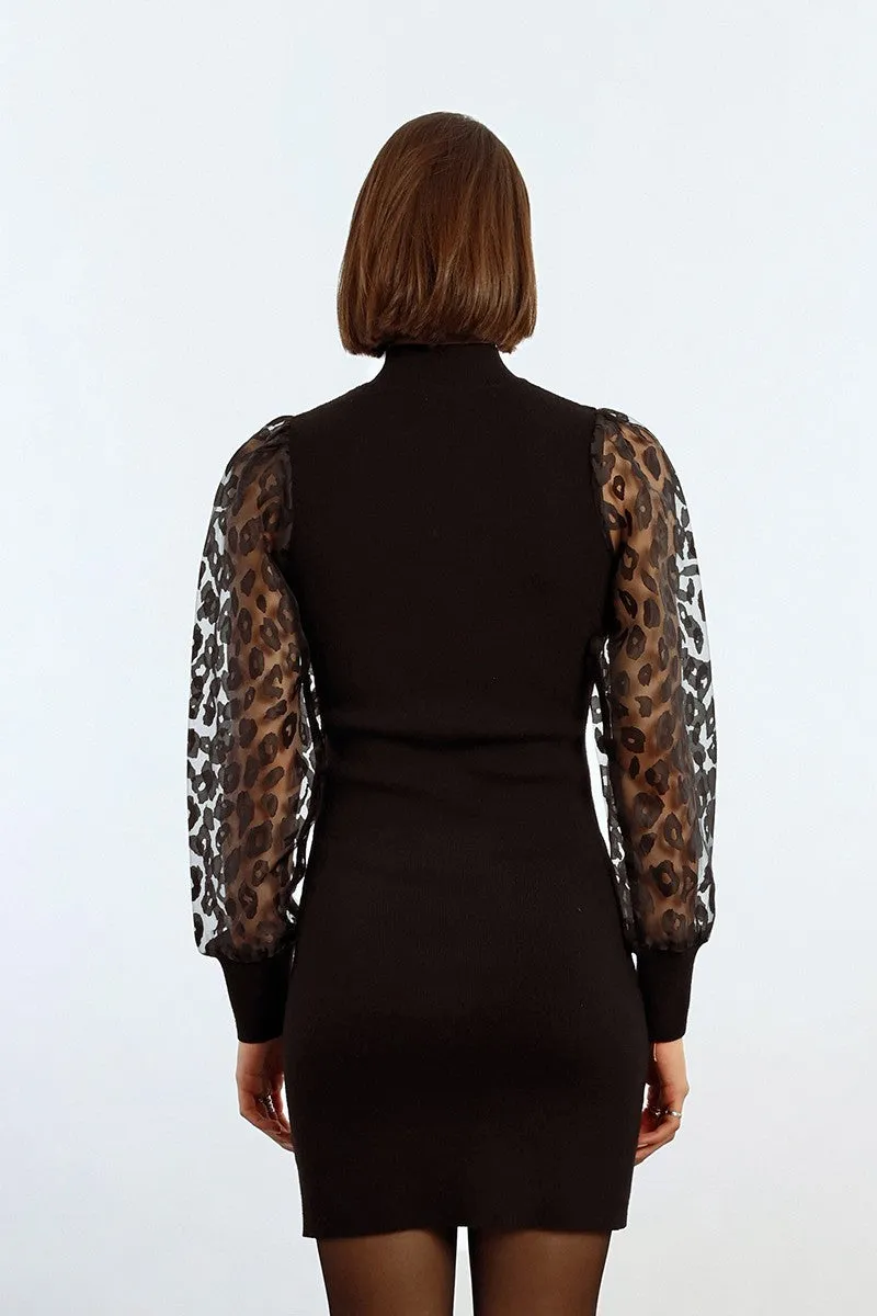 MBN Sheer Cheetah Sleeve Sweater Dress