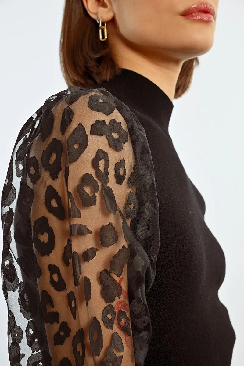 MBN Sheer Cheetah Sleeve Sweater Dress