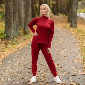 MENIQUE 100% Merino Wool Womens Zip Neck & Sweatpants 2-Piece Royal Cherry