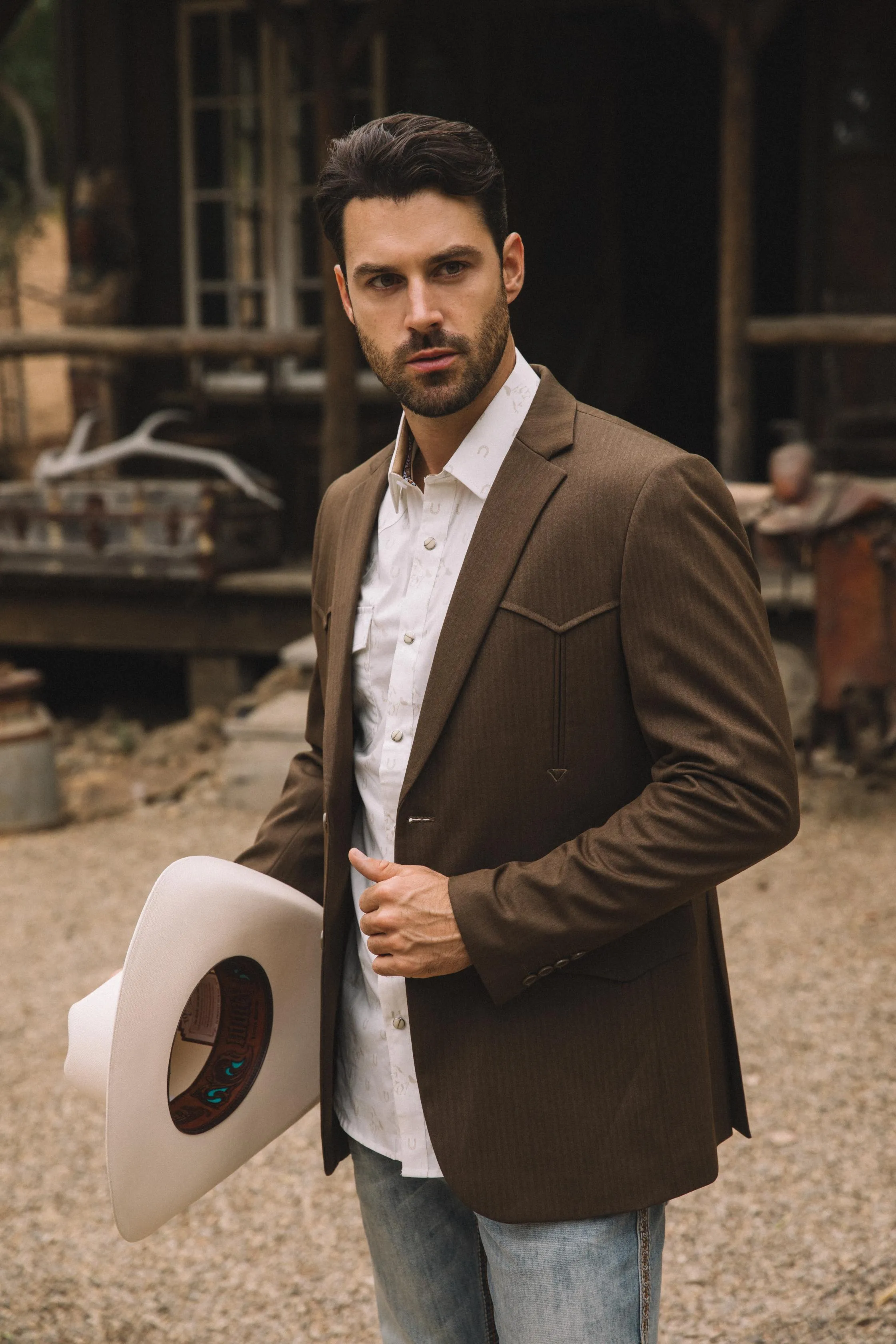 Men's Double Button Western Brown Blazer