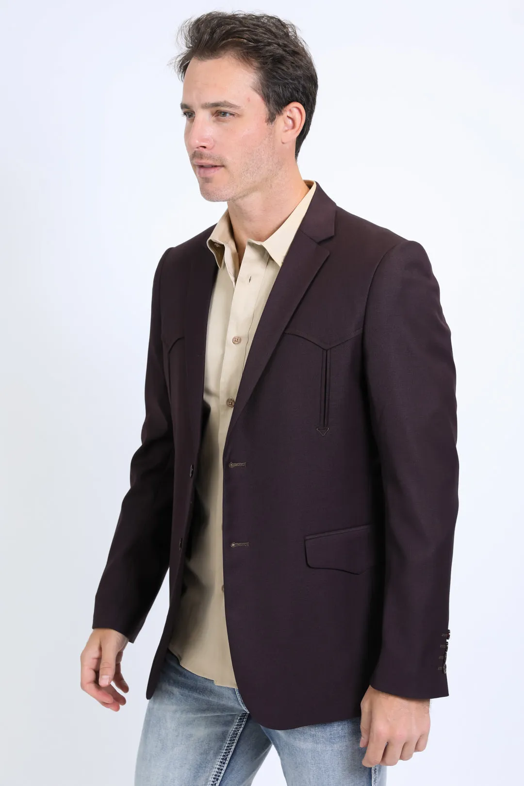 Men's Double Button Western Burgundy Blazer