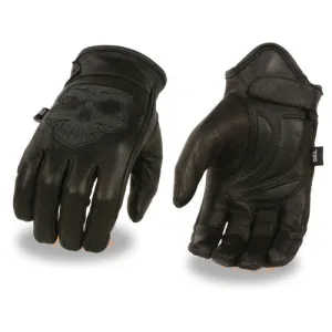 Men's Premium Leather Short Wrist Gel Palm Driving Glove with Reflective Skull 7570