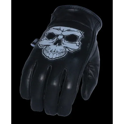 Men's Premium Leather Short Wrist Gel Palm Driving Glove with Reflective Skull 7570