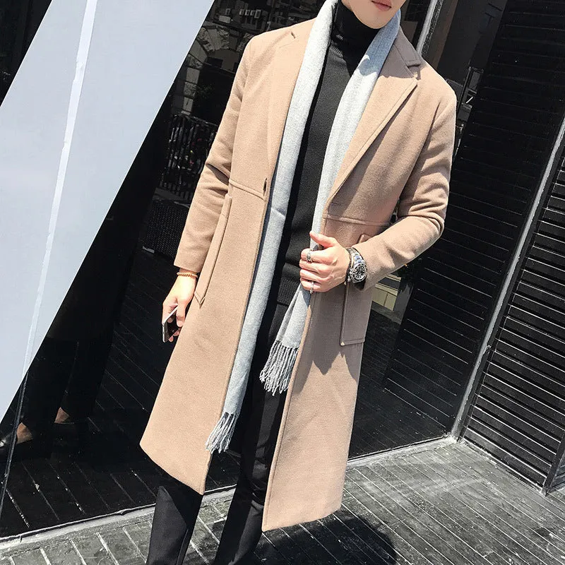 Minimal Elegant One Button Style Men Long Coat with Two Side Pockets Detail