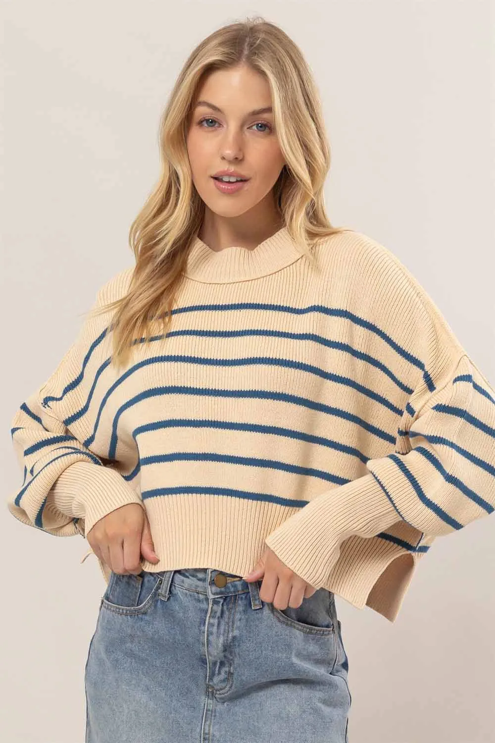 MOCK NECK STRIPED PULLOVER SWEATER