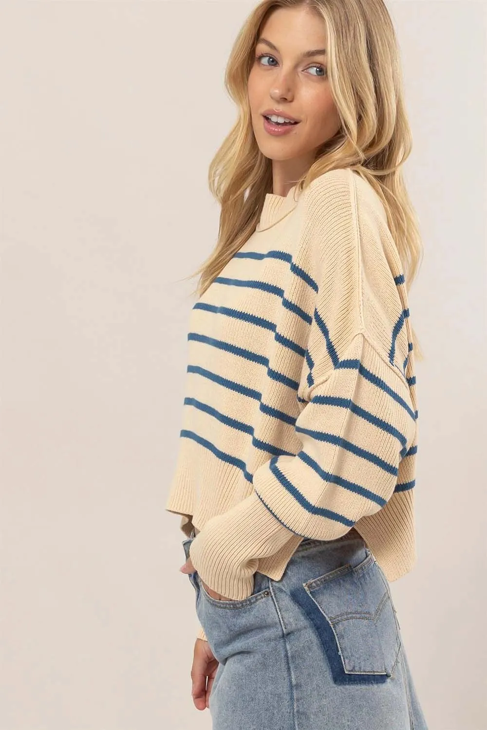 MOCK NECK STRIPED PULLOVER SWEATER