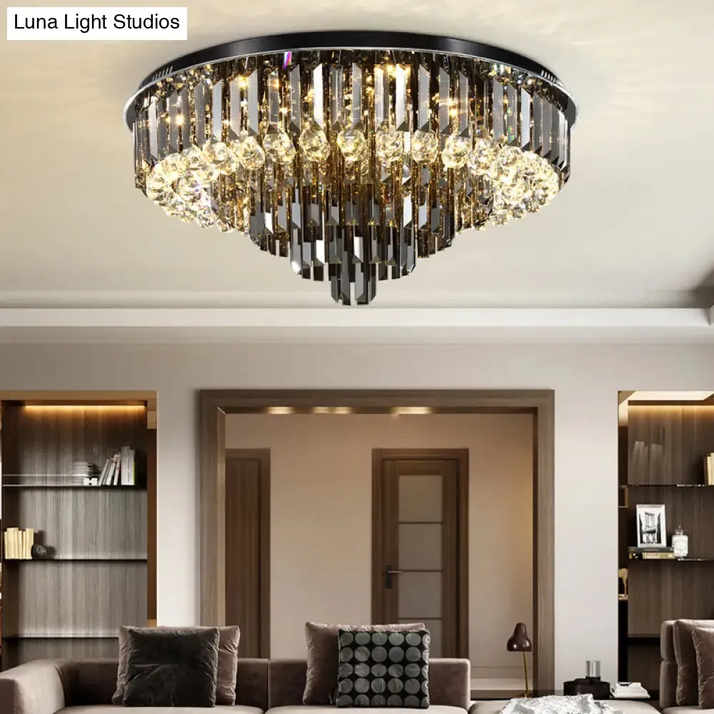 Modern Crystal LED Bedroom Ceiling Light - Smoke Gray Layered Flush-Mount Fixture, 19.5"/23.5" Wide