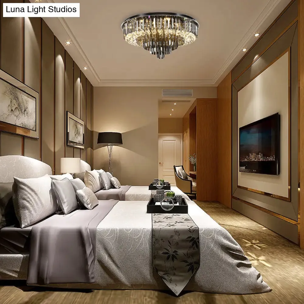 Modern Crystal LED Bedroom Ceiling Light - Smoke Gray Layered Flush-Mount Fixture, 19.5"/23.5" Wide