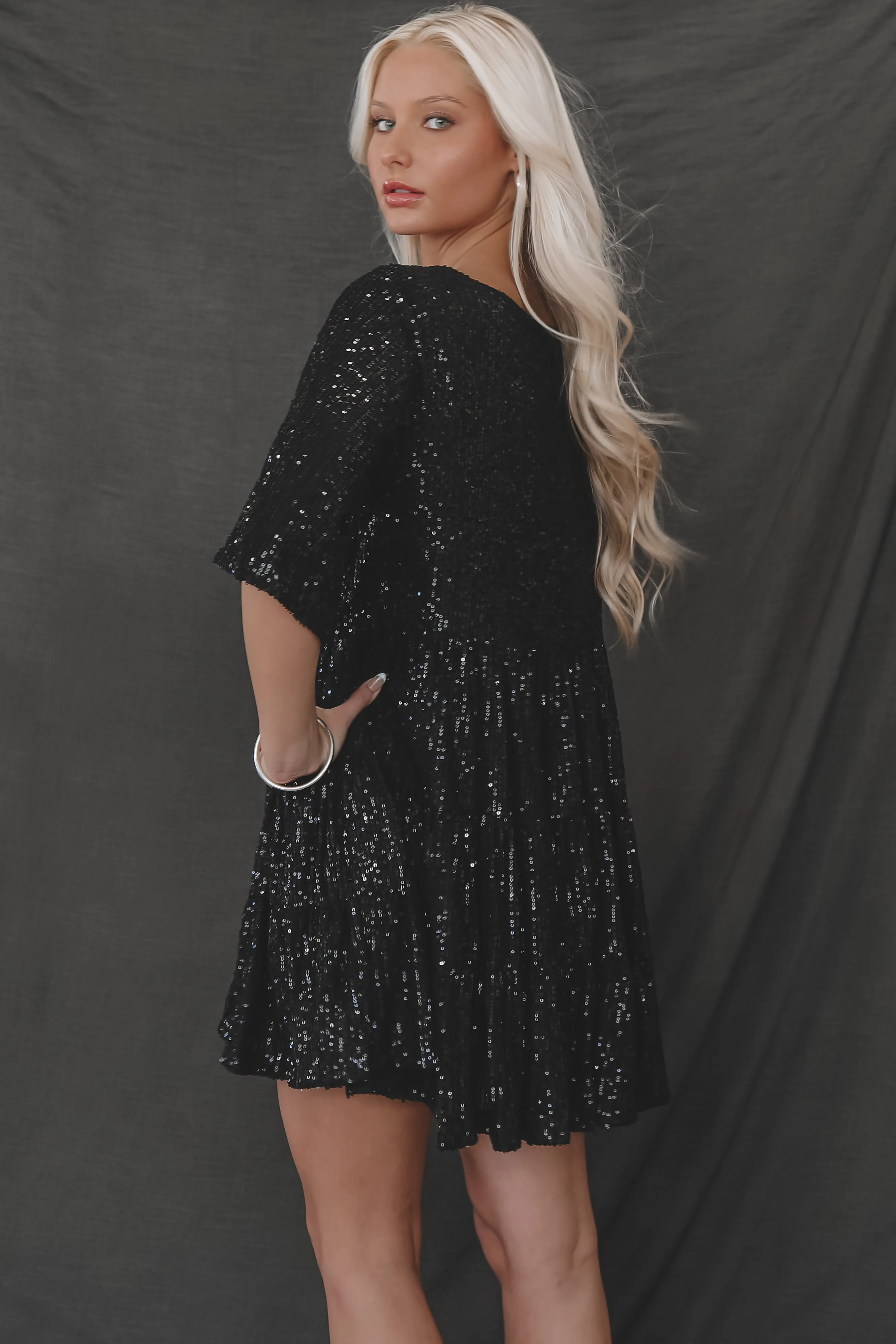 My Queen Black Sequin Babydoll Dress