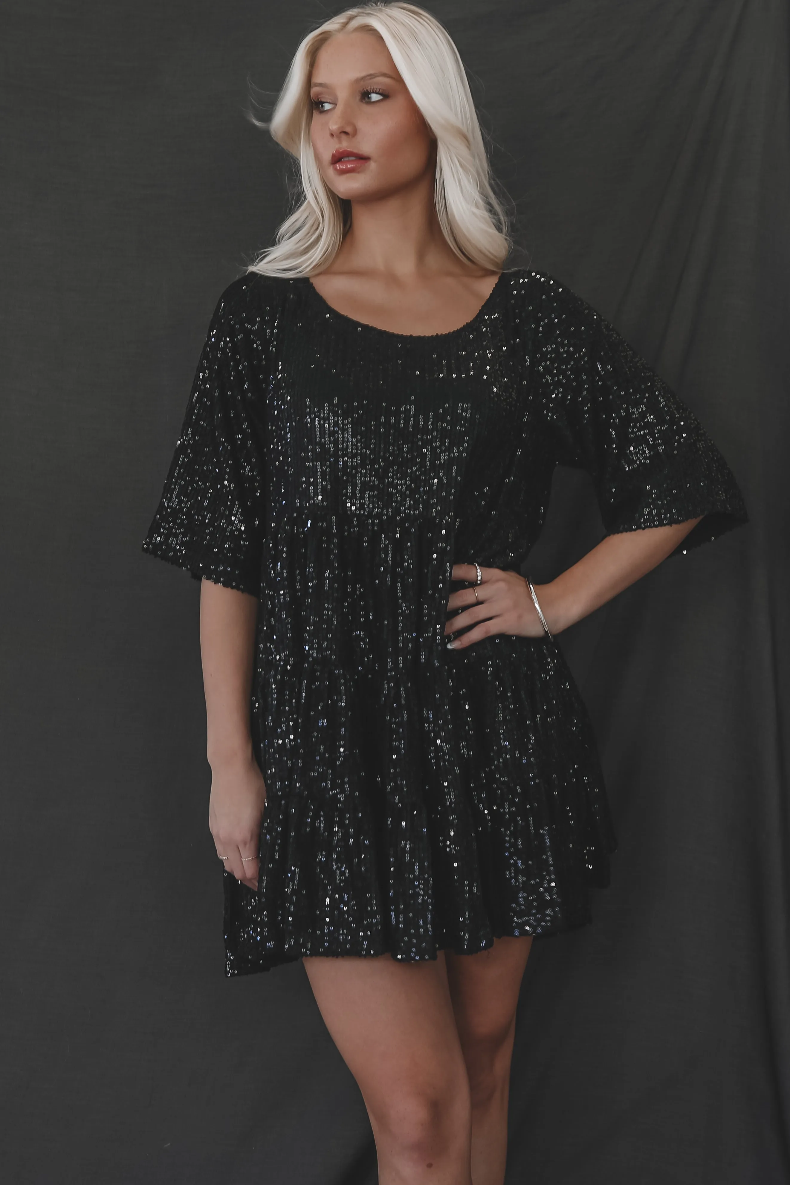 My Queen Black Sequin Babydoll Dress