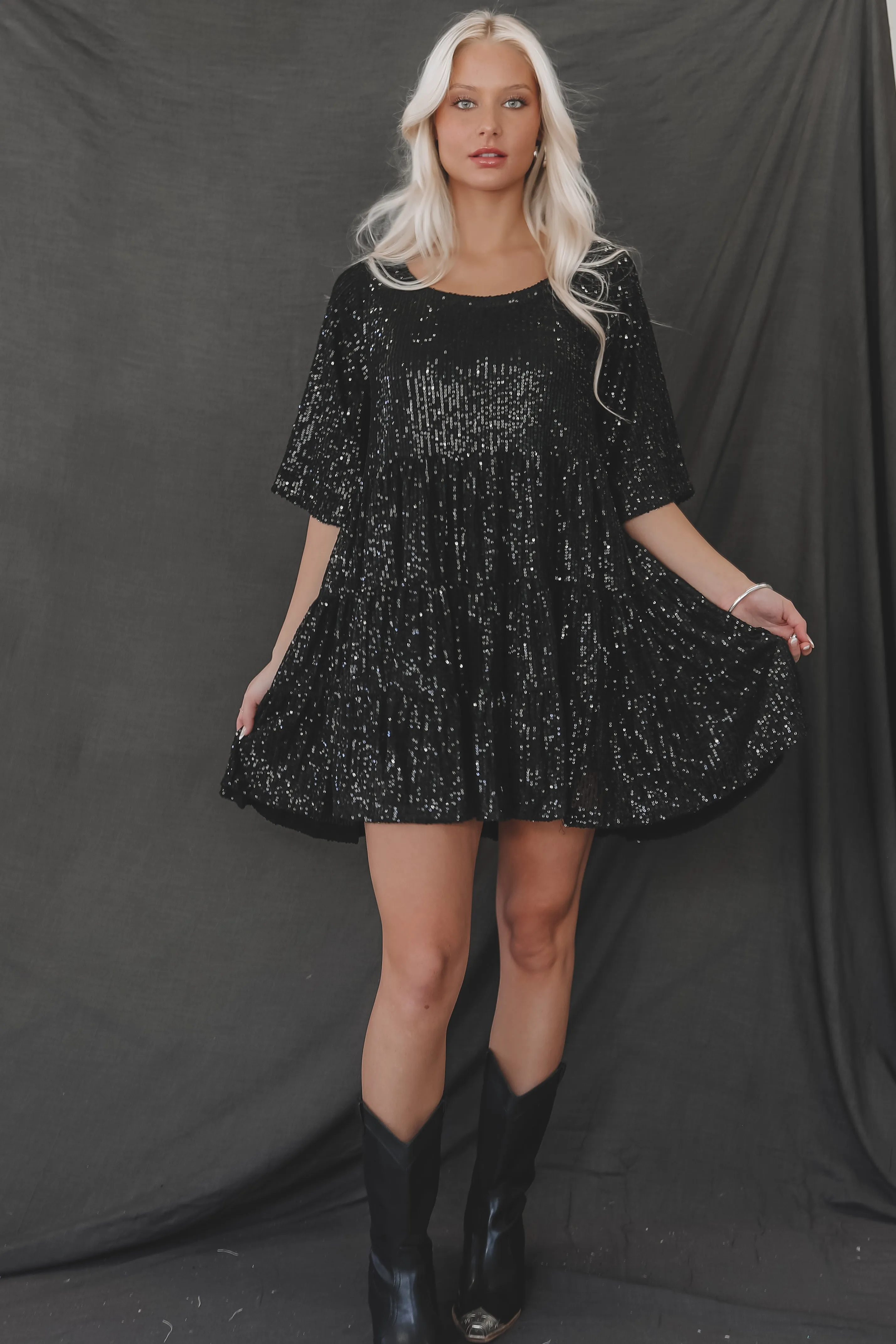 My Queen Black Sequin Babydoll Dress