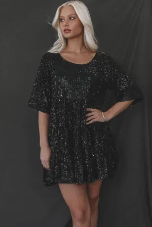 My Queen Black Sequin Babydoll Dress