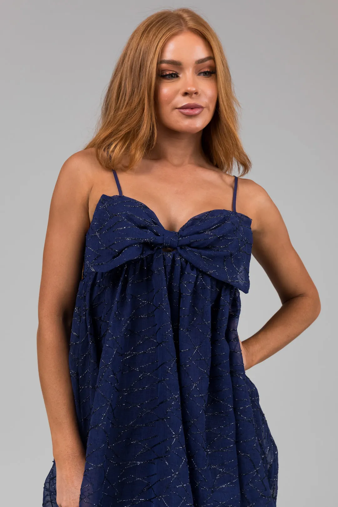 Navy Bow Front Babydoll Mini Dress