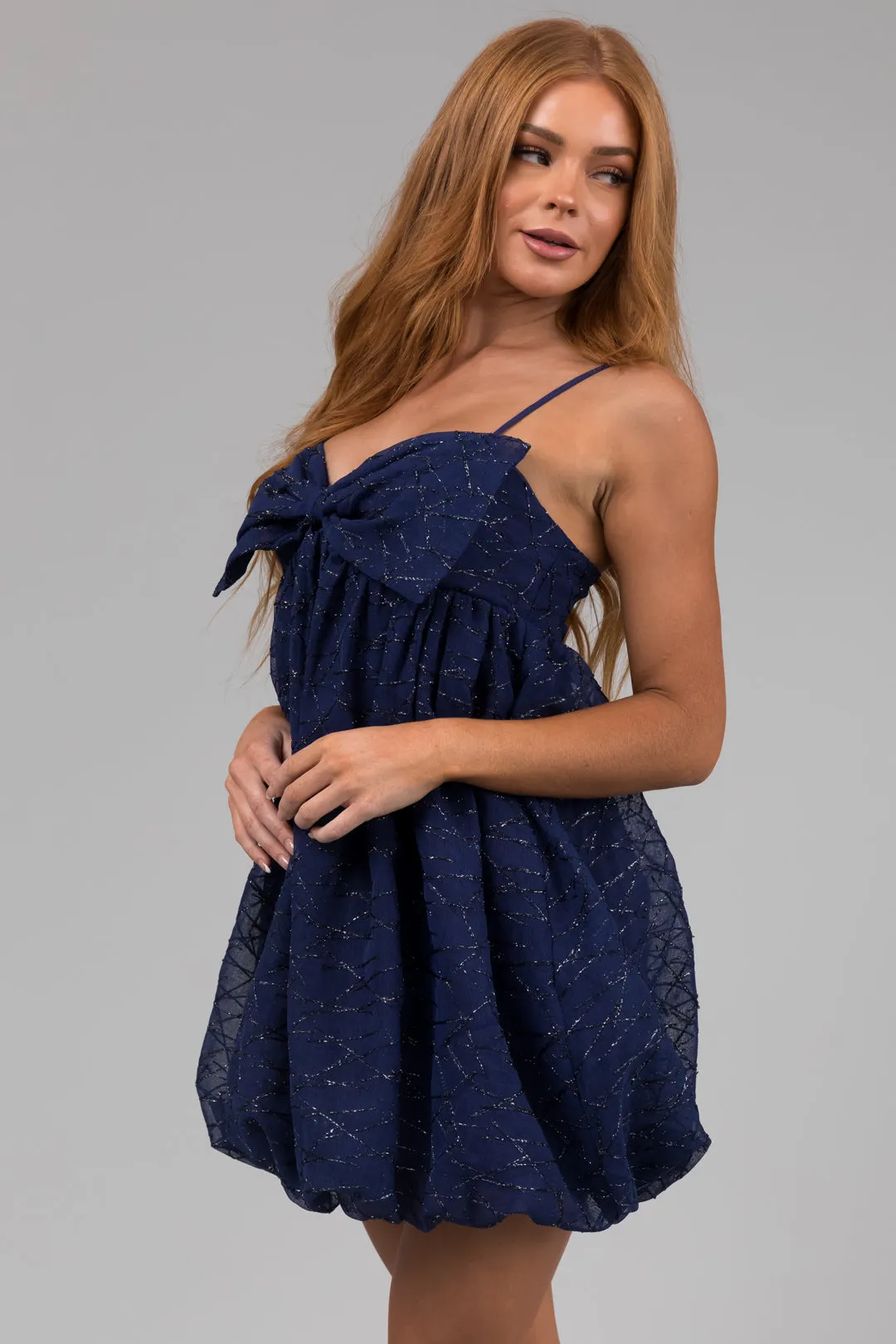 Navy Bow Front Babydoll Mini Dress