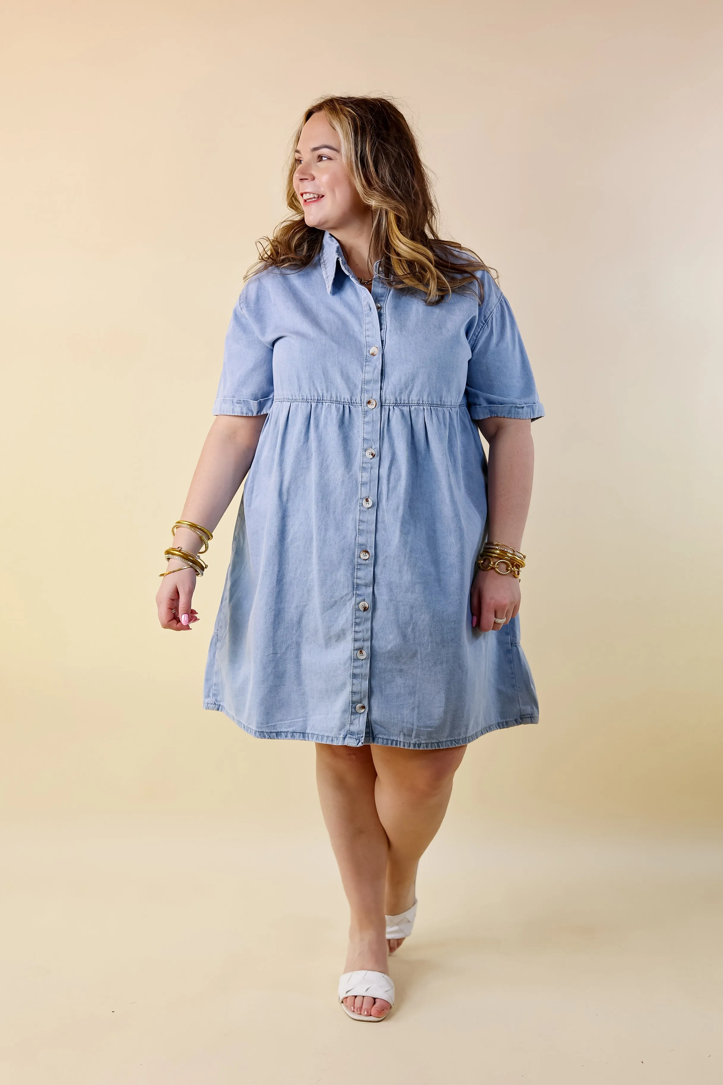 Nice to Meet You Button Up Collared Denim Dress in Light Wash