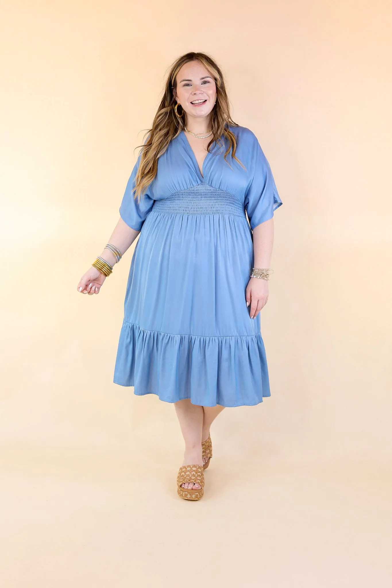 On Track V Neck Midi Dress in Dusty Blue