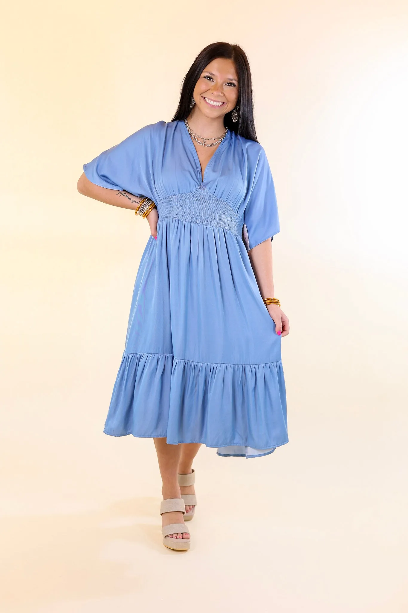 On Track V Neck Midi Dress in Dusty Blue