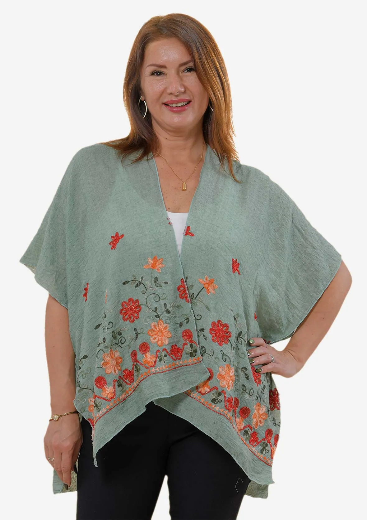 Open-Front Floral Embroidered Kimono