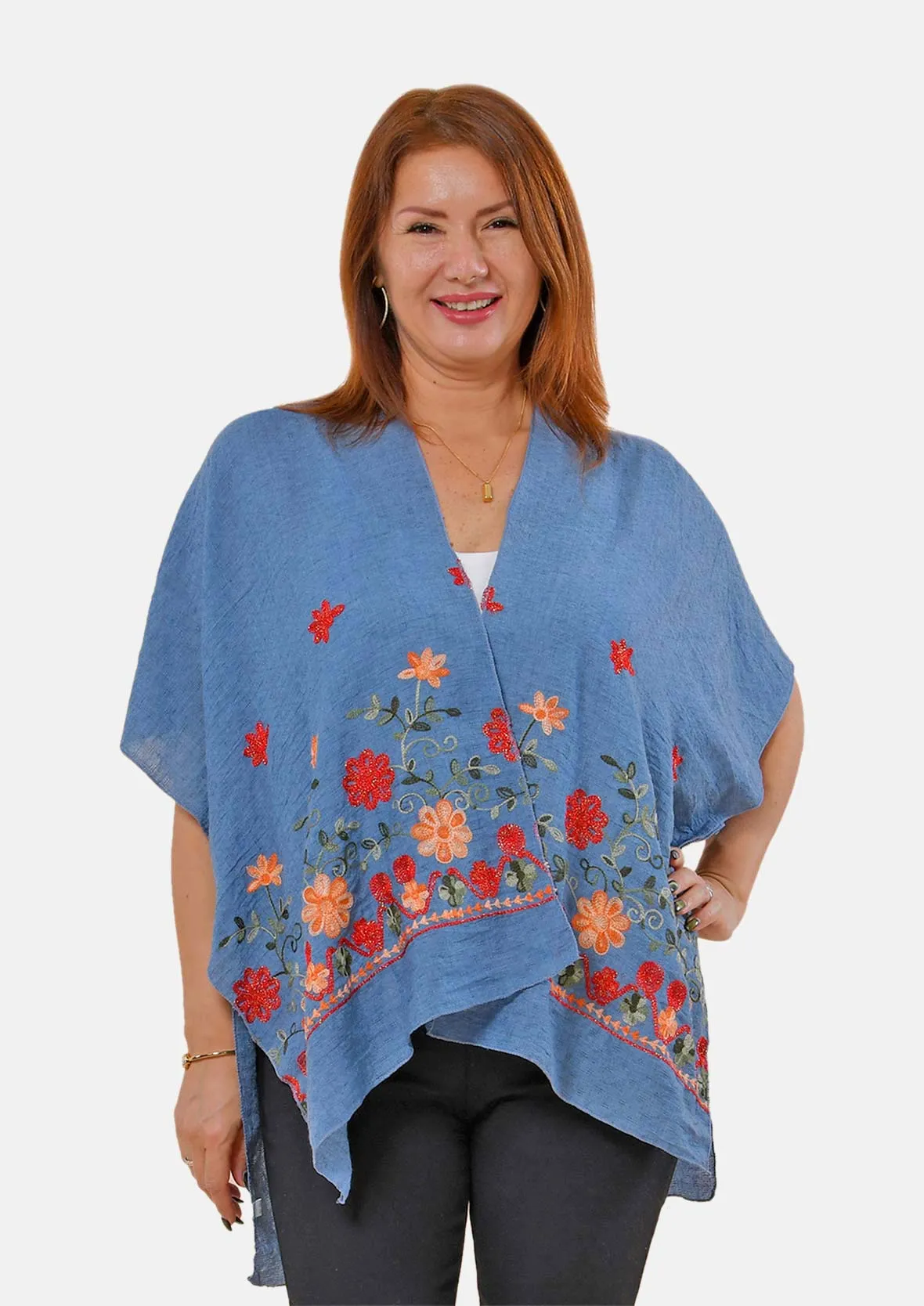 Open-Front Floral Embroidered Kimono