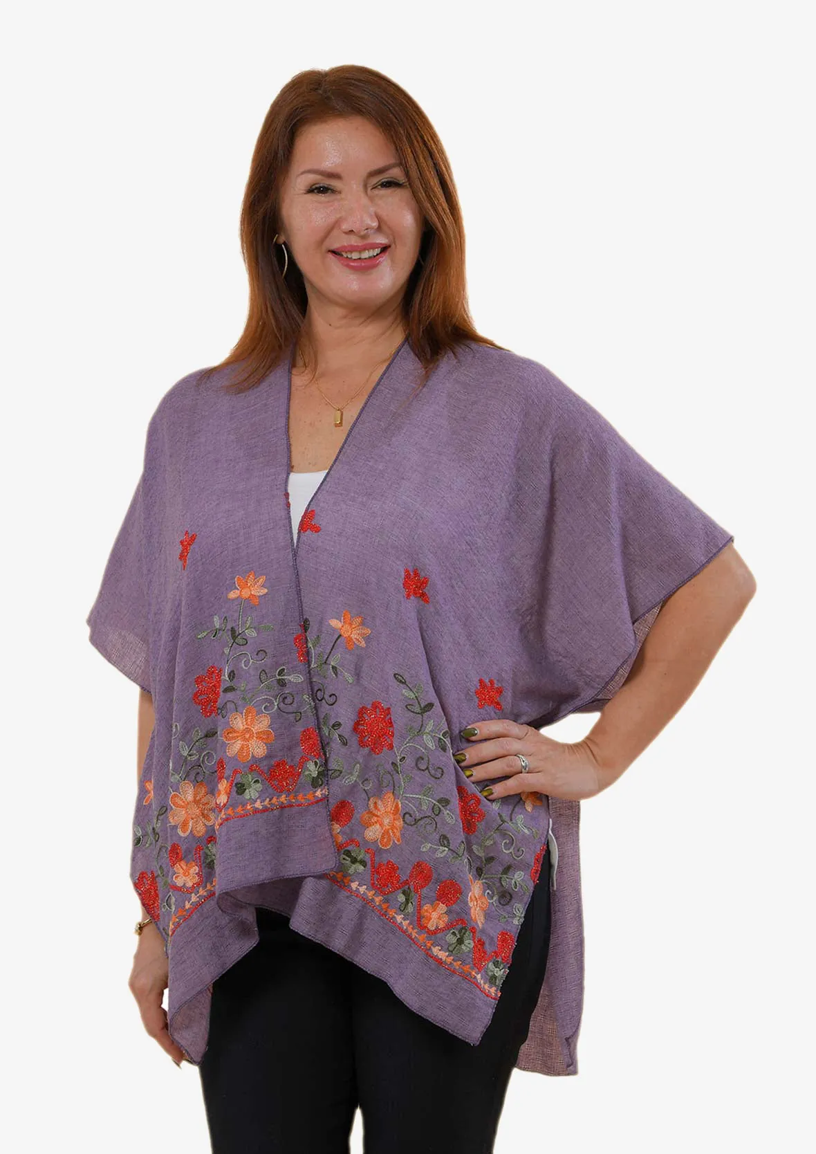 Open-Front Floral Embroidered Kimono