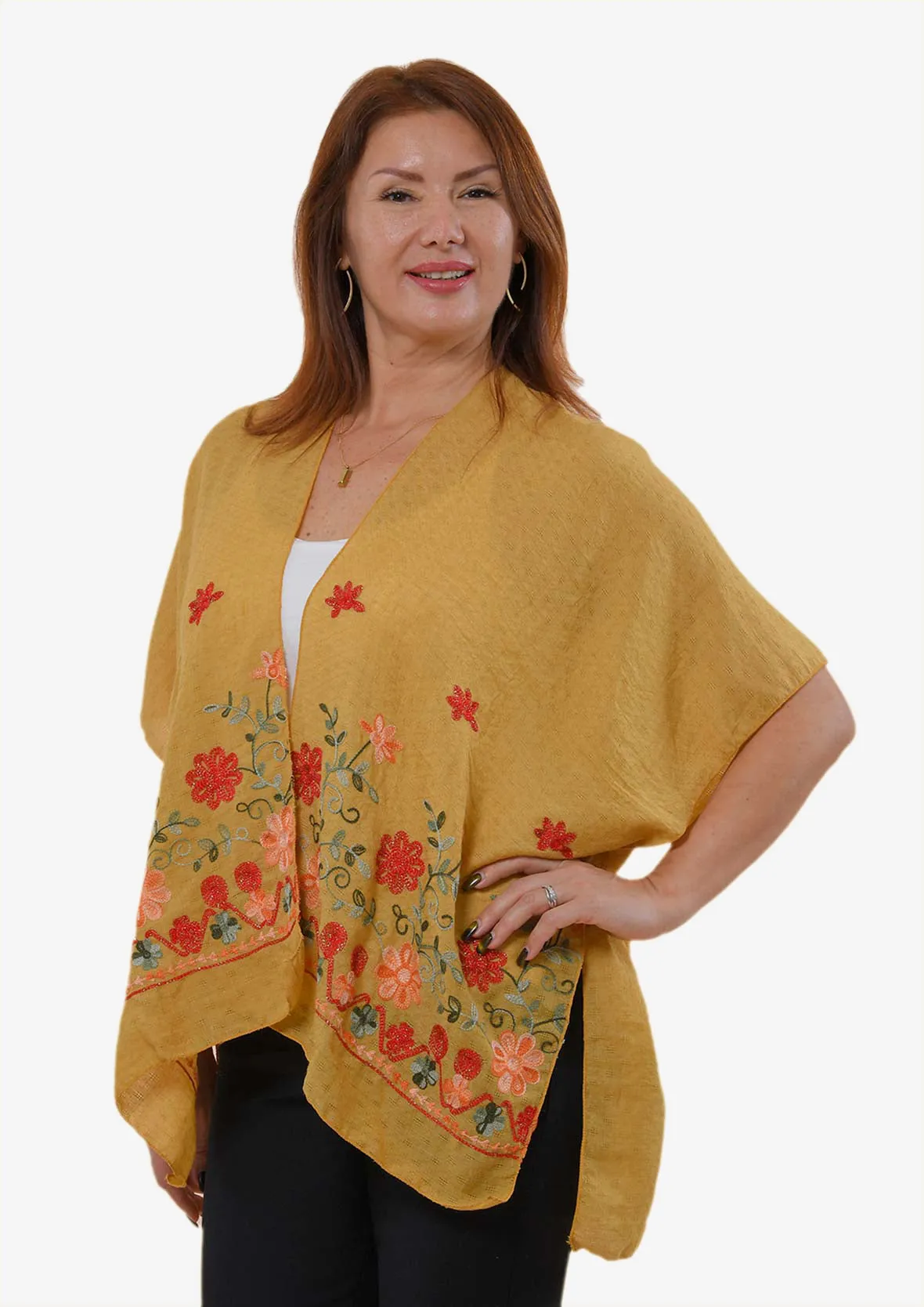 Open-Front Floral Embroidered Kimono