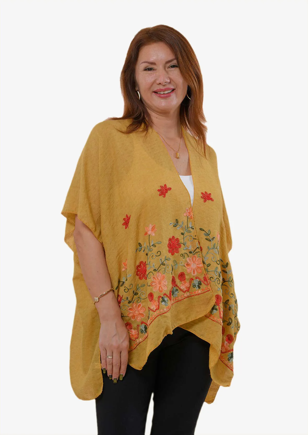 Open-Front Floral Embroidered Kimono