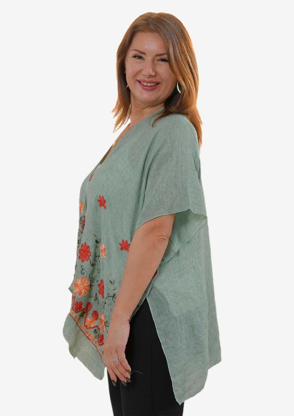 Open-Front Floral Embroidered Kimono