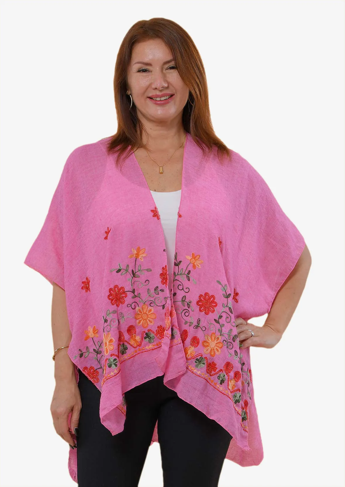 Open-Front Floral Embroidered Kimono