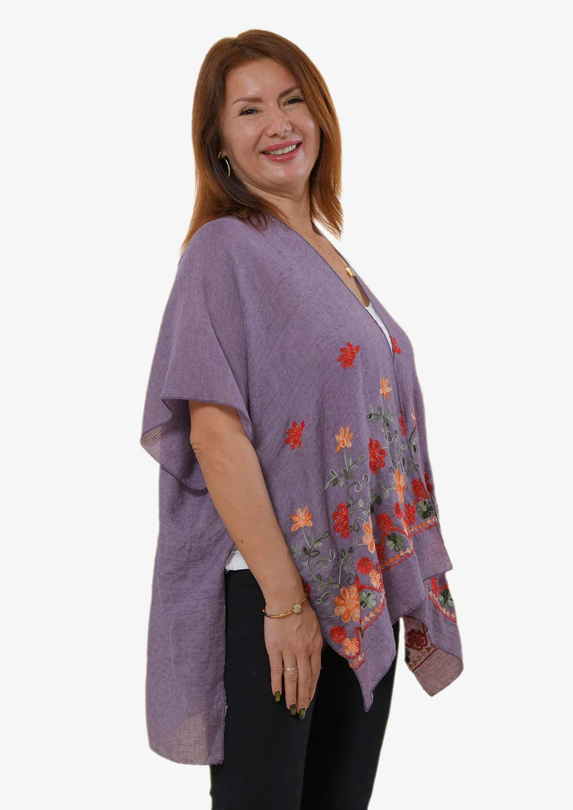 Open-Front Floral Embroidered Kimono