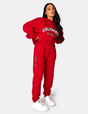 Oversized Columbia Embroidered Slogan 90S Joggers Red