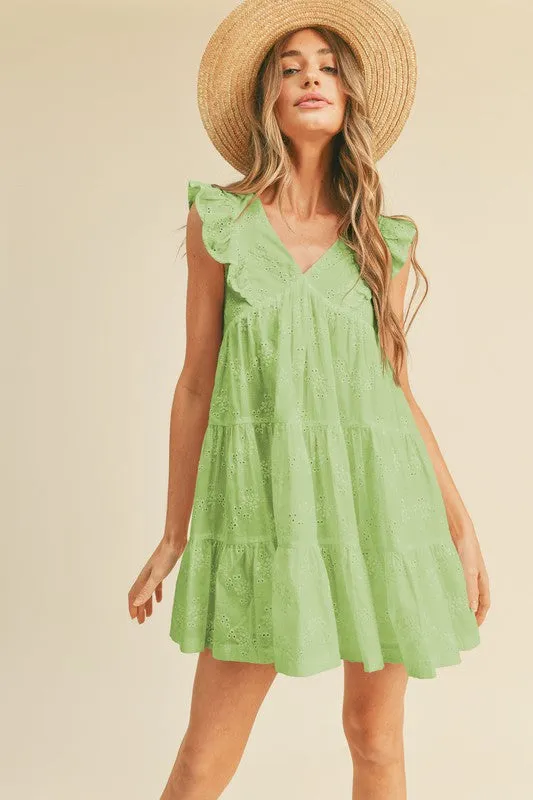 Pea Green Eyelet Babydoll Mini Dress