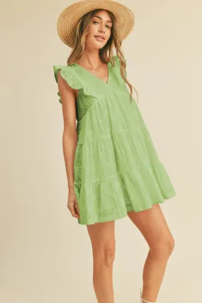 Pea Green Eyelet Babydoll Mini Dress