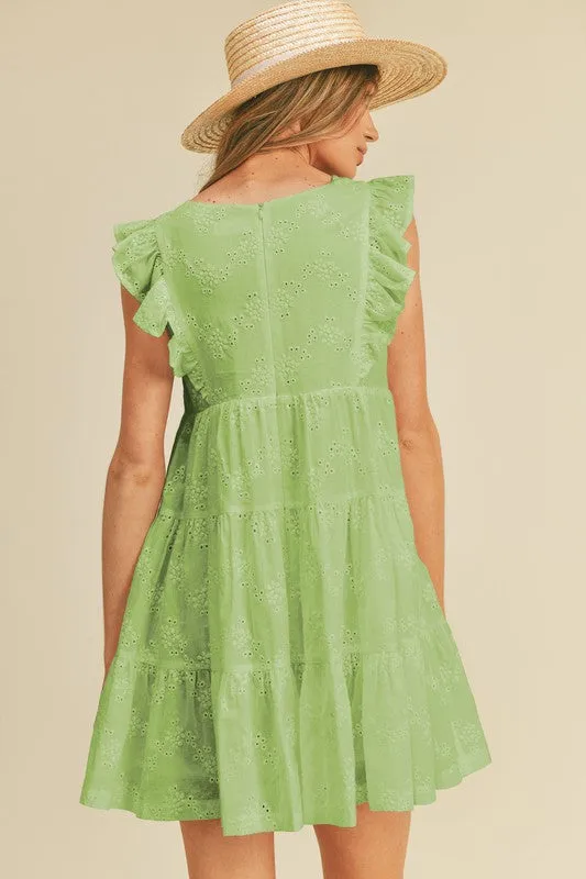 Pea Green Eyelet Babydoll Mini Dress