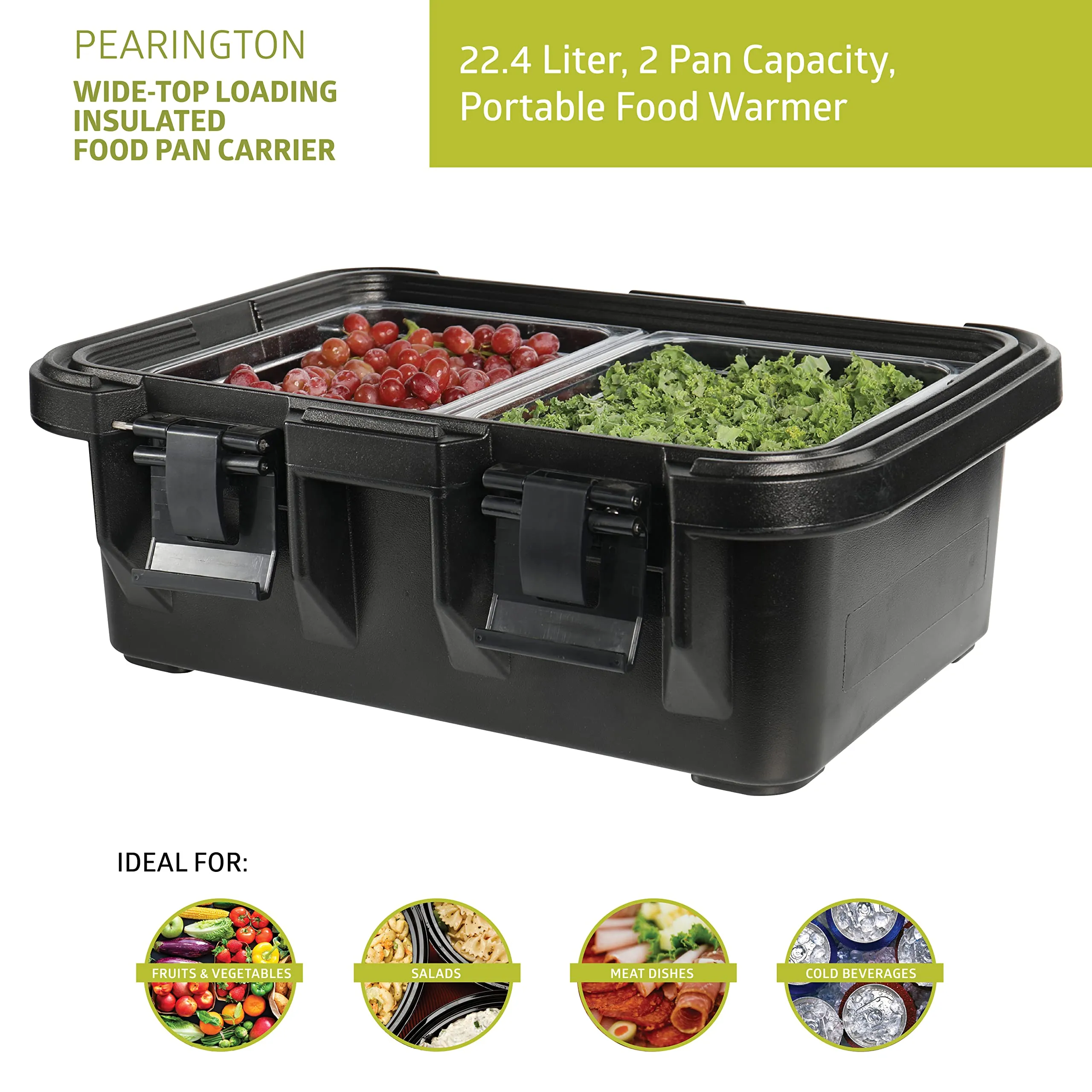 Pearington 22.4-L Wide-Top Loading Insulated Food Pan Carrier, Black