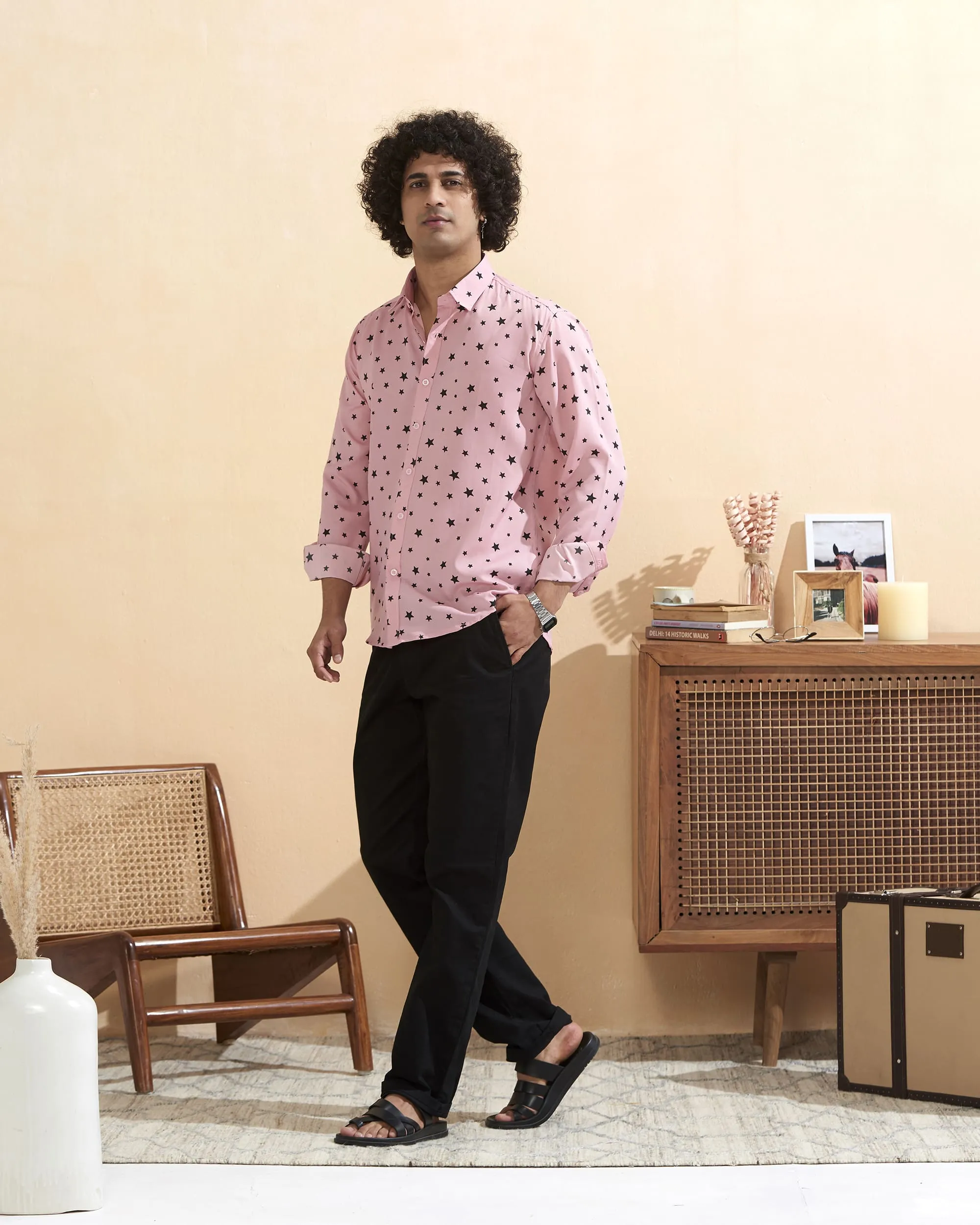 Pink Full Sleeve Crepe Casual Printed Men's Shirt